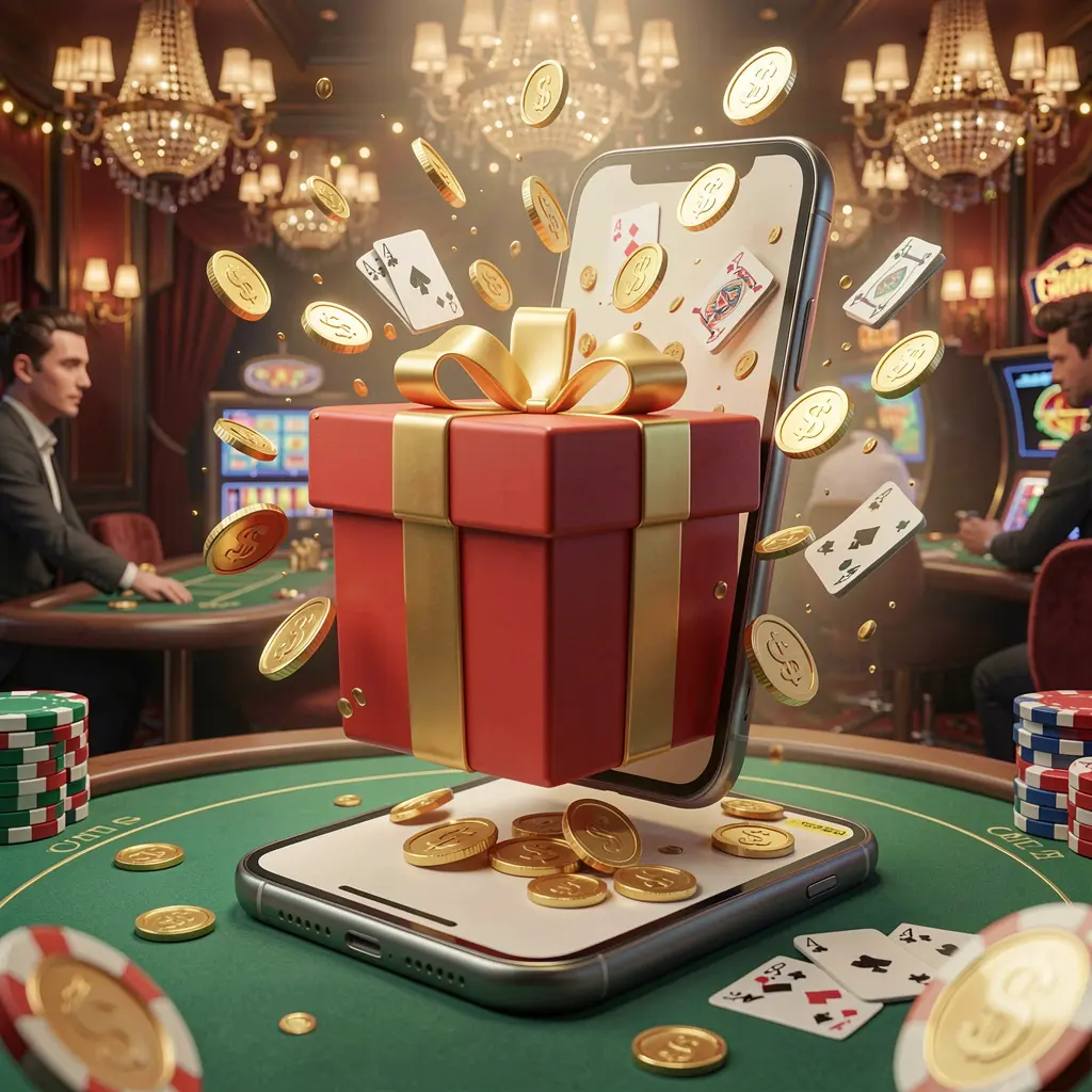 V880 mobile casino bonus app concept showing a phone screen with a gift box and coins bursting out in a festive casino atmosphere