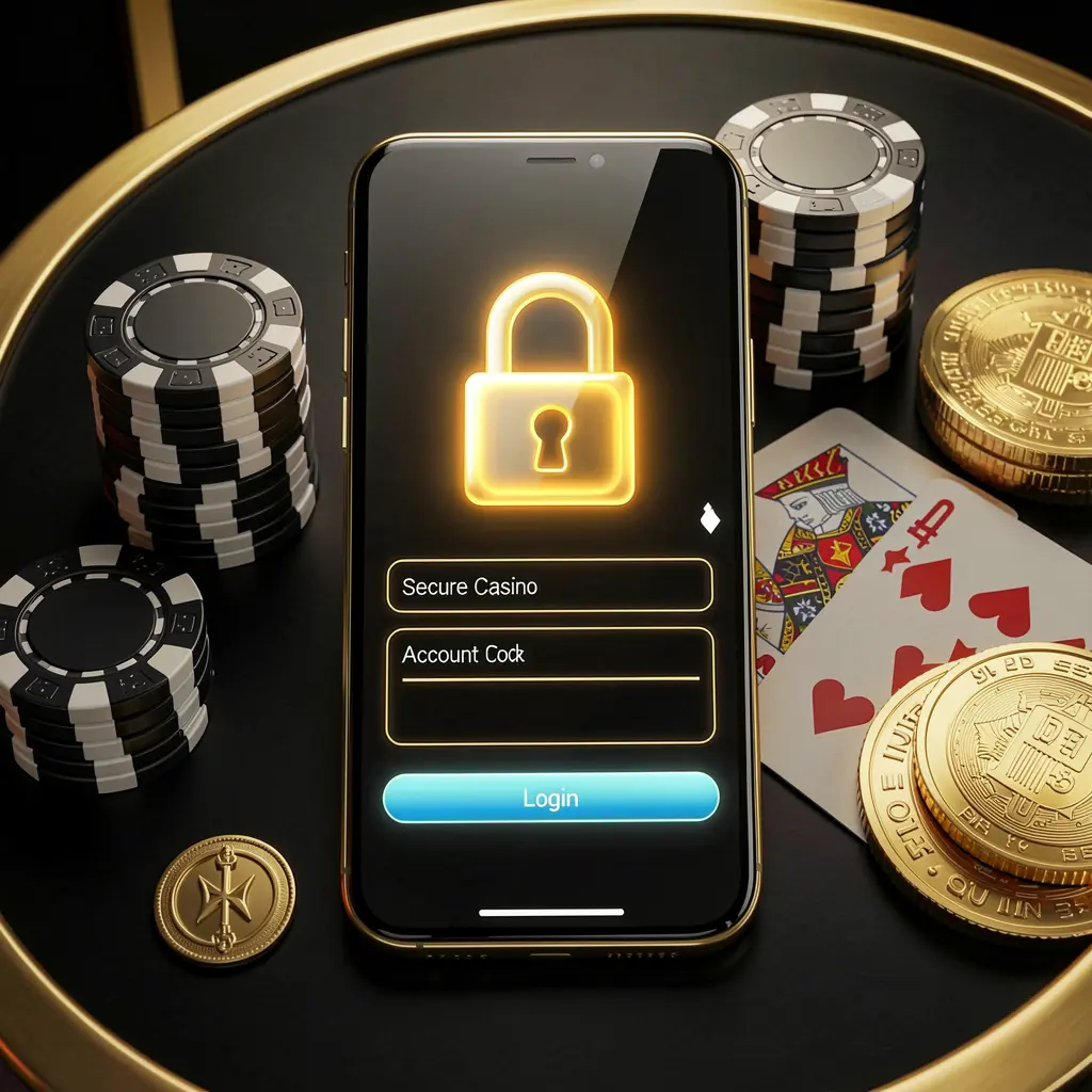 V880 secure casino account login concept showing a glowing lock icon on a smartphone screen surrounded by poker chips, playing cards, and golden coins against an elegant black and gold background in a realistic 3D render
