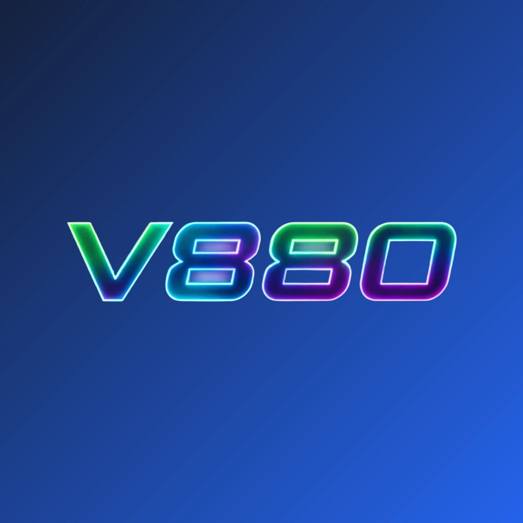 Futuristic neon V880 logo with thick angular typography and vivid green, blue, and purple glow, featuring sharp tech-inspired details on a transparent background, designed as a wide horizontal rectangular wordmark for a website header