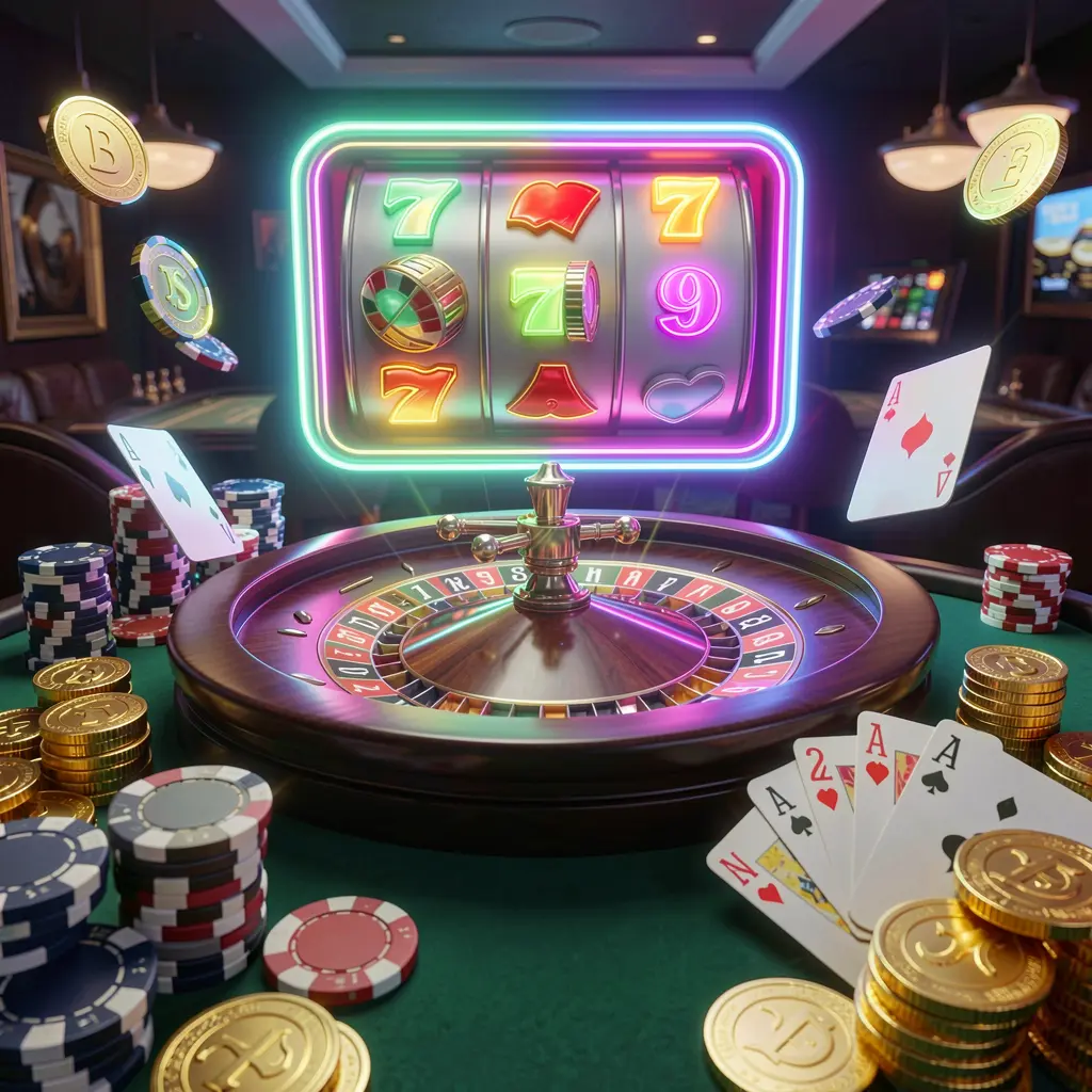 V880 casino homepage visual featuring a realistic 3D render of a roulette wheel, poker chips, playing cards, golden coins, and jackpot lights with bright neon glow in a dynamic composition